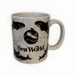 Vtg Sea World Coffee Mug White Black Gold Marbled Pattern 10 Ounce Orca Whales